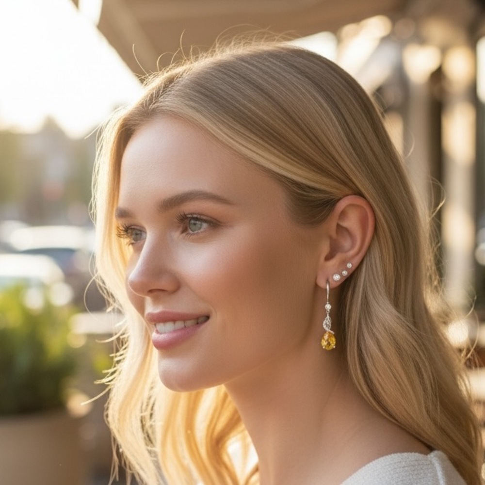 Elegant Silver Citrine Pear Shape Earrings, Diamond Simulant accents Yellow